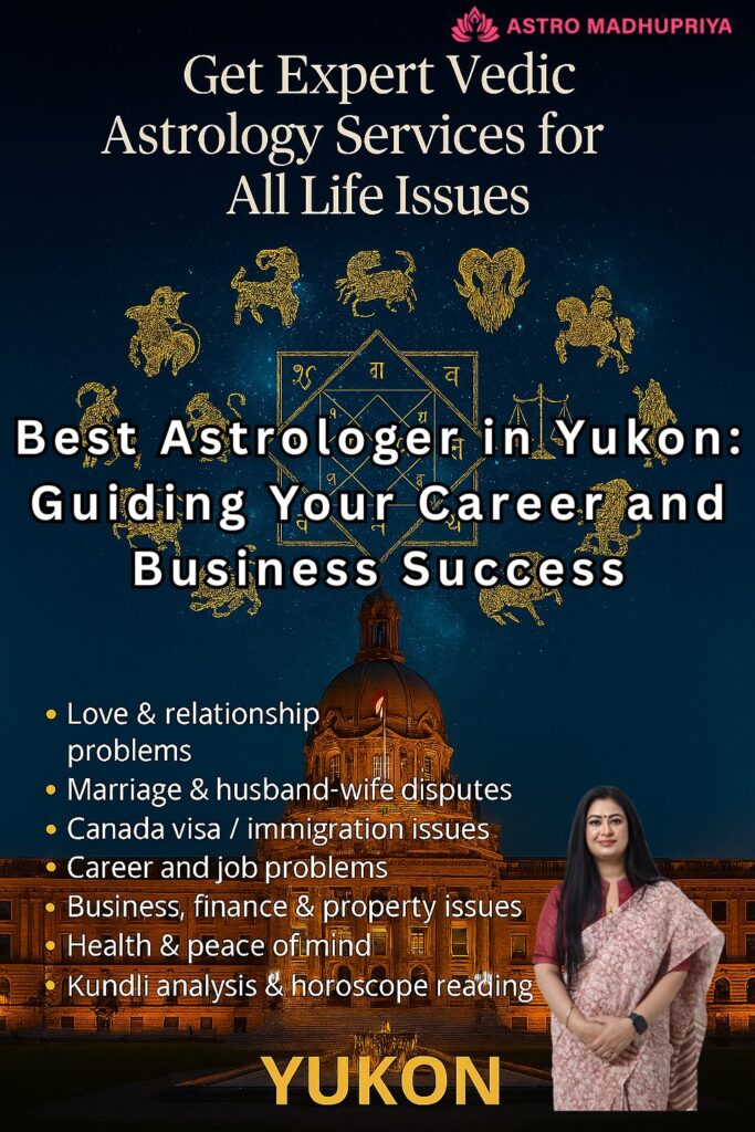 Astro Madhupriya, the Best Astrologer in Yukon, Guiding Your Career and Business Success with Expert Vedic Astrology Services for all life issues, set against a territorial building backdrop.