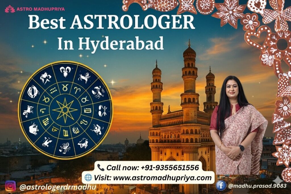 Astrologer Dr. Madhu Priya standing beside the iconic Charminar in Hyderabad, next to a detailed zodiac chart. The text promotes her as the Best Astrologer in Hyderabad, offering services like Vastu-Shastra Expert consultation and solutions for Marriage Problems.