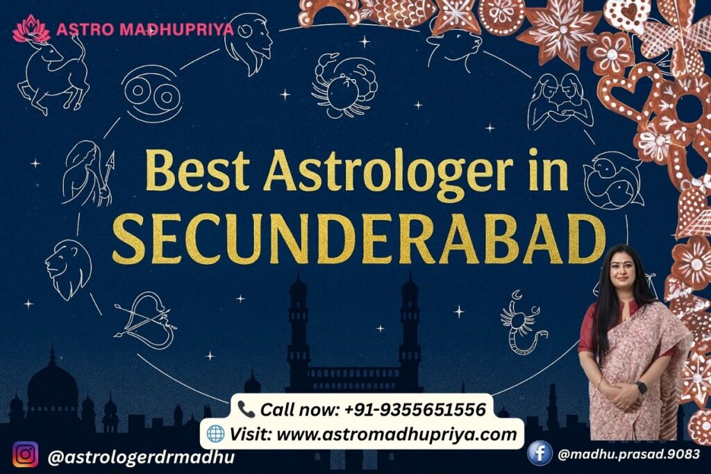 Astrologer Dr. Madhu Priya, with prominent zodiac signs and a silhouette of a historical building, emphasizing her services as the Best Astrologer in Secunderabad.