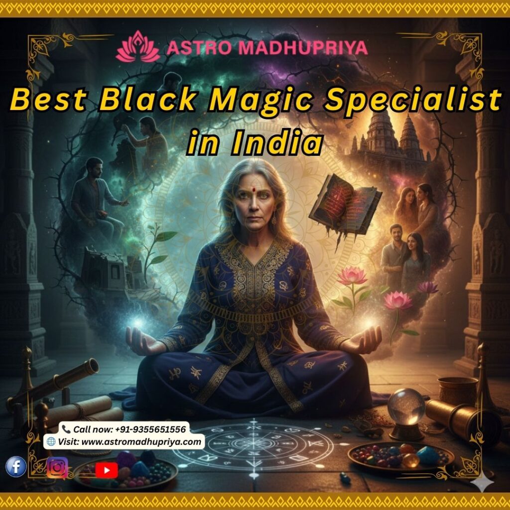 Best Black Magic Specialist Astrologer Madhupriya in a meditative pose surrounded by astrological and spiritual symbols, representing black magic removal and protection services.