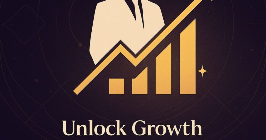 A professional graphic for AstroMadhupriya, a business astrologer in Ghaziabad. The image features a stylized Vedic birth chart, a golden upward-trending business graph, and a silhouette of a businessman. AstroMadhupriya, a woman in a saree, stands in the foreground, with the company logo at the top and contact details (phone, website, social media handles) at the bottom.