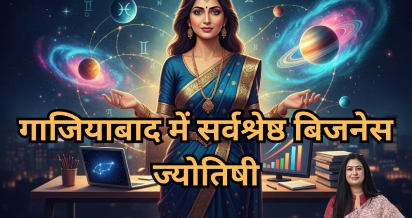 गाजियाबाद में सर्वश्रेष्ठ बिजनेस ज्योतिषी एस्ट्रोमधुप्रिया की डिजिटल इमेज। एक भारतीय महिला साड़ी पहने हुए, जो ब्रह्मांडीय ऊर्जाओं के बीच एक मेज के सामने खड़ी है। मेज पर लैपटॉप और स्टॉक ग्राफ़ दिख रहे हैं, जिसके पीछे ज्योतिषीय चार्ट और ग्रह हैं। नीचे कुछ व्यवसायी और स्टार्टअप उद्यमी ऊपर की ओर देख रहे हैं। कॉरपोरेट ज्योतिष और व्यावसायिक विकास के लिए मार्गदर्शन का चित्रण।