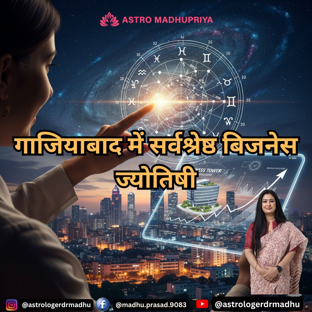 गाजियाबाद में सर्वश्रेष्ठ बिजनेस ज्योतिषी एस्ट्रोमधुप्रिया की डिजिटल इमेज। एक महिला व्यावसायिक पेशेवरों की तरह दिख रही है, जो ज्योतिषीय कुंडली चार्ट को छू रही है, और दूसरे हाथ में एक पारदर्शी टैबलेट पकड़े हुए है जिस पर एक बिजनेस टॉवर और विकासशील ग्राफ़ दिख रहे हैं। पृष्ठभूमि में गाजियाबाद का आधुनिक शहर का क्षितिज है, जिसके ऊपर तारों से भरा आकाश और एक आकाशगंगा दिखाई दे रही है। यह कॉर्पोरेट ज्योतिष और व्यावसायिक विकास के लिए मार्गदर्शन का चित्रण करता है।