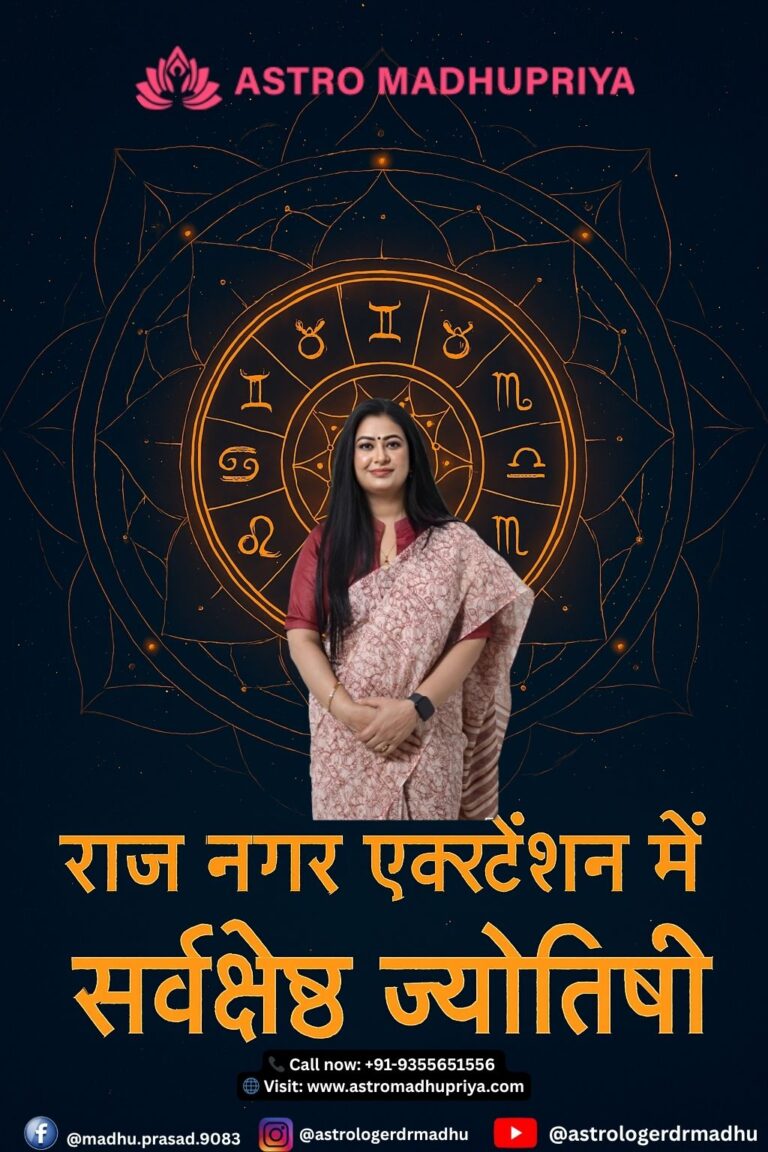 Astromadhupriya, a female Indian astrologer, stands in front of a rotating zodiac wheel and celestial map, offering accurate life predictions and effective solutions in Raj Nagar Extension, Ghaziabad. Contact details for consultation are visible.