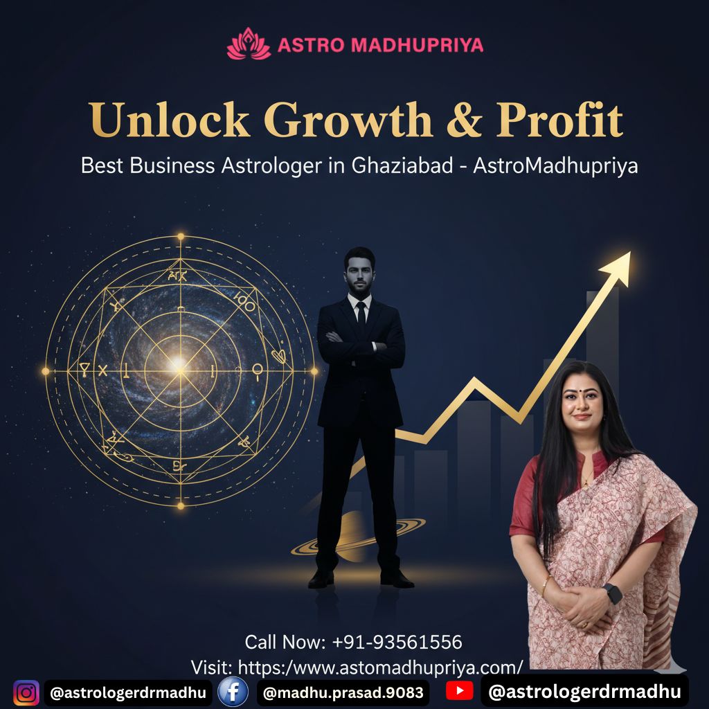 Business astrology promotion for AstroMadhupriya in Ghaziabad, featuring a woman astrologer, a Vedic chart, a rising profit graph, businessman silhouette, and contact details for business growth and financial success.