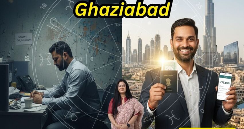 Best Career Astrologer in Ghaziabad" and "150% Salary Hike After Career Chart Analysis by Astromadhupriya." A woman (Astromadhupriya) is shown in the center foreground.