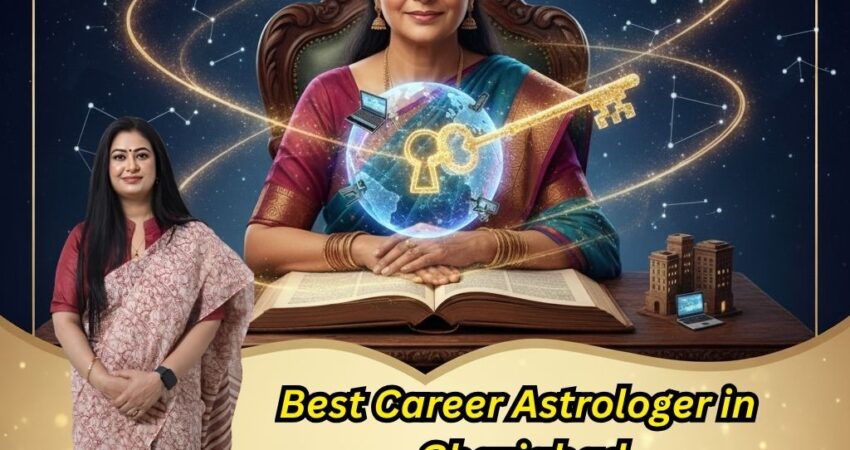 गाजियाबाद की करियर ज्योतिषी एस्ट्रो मधुप्रिया (Astro Madhupriya) का पोस्टर। एक महिला वैदिक ग्रंथ पर हाथों को टिकाए बैठी है, जिसके ऊपर करियर की चाबी है। पीछे तारों भरा आकाश, और नीचे संपर्क विवरण: कॉल करें +91-9355651556, वेबसाइट www.astromadhupriya.com।