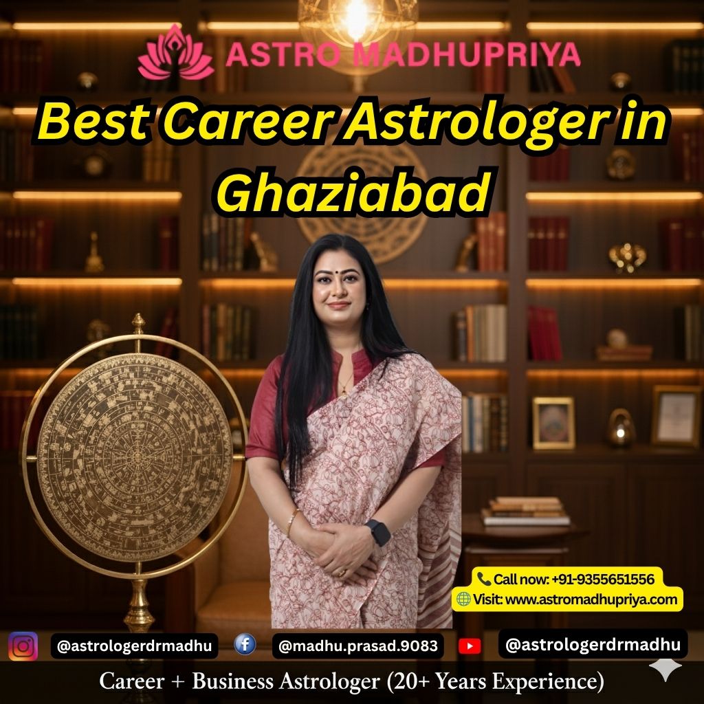 Astromadhupriya, renowned as the Best Career Astrologer in Ghaziabad and a leading Business Astrologer with over 20 years of experience. She is depicted in an elegant and spiritually inviting office setting, complete with traditional bookshelves and an antique Kundli (astrology chart) display, reflecting her deep expertise in Vedic Astrology. The image emphasizes her role as a seasoned consultant for career prediction, business growth astrology, and providing effective astrological remedies for professional challenges. This visual is ideal for promoting her services across Ghaziabad, Delhi NCR, and beyond, highlighting her authority and experience in guiding clients toward successful career paths and prosperous businesses through personalized Janam Kundli analysis and expert advice.