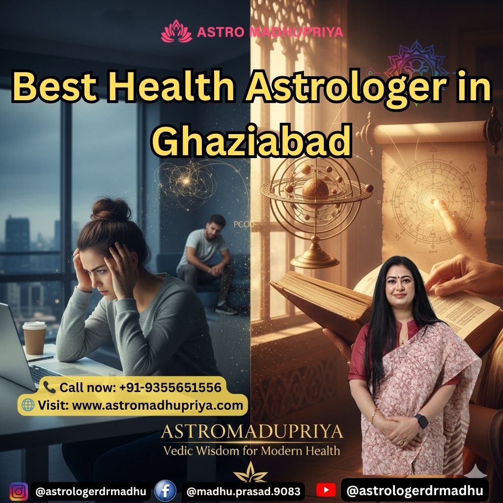 Astromadhupriya, a health astrologer, stands smiling in the lower right corner of a composite image. The left side depicts a woman stressed at a laptop and a man looking dejected in the background, symbolizing modern health issues. The right side shows an open ancient book, astrological charts, and an armillary sphere, representing Vedic wisdom. Overlays include "Best Health Astrologer in Ghaziabad," contact info, and social media handles.