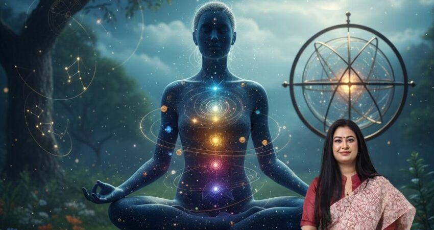 Astromadhupriya, a health astrologer, stands smiling in front of a mystical background depicting a meditating figure with glowing chakras, astrological symbols, and a full moon. The image includes text overlays: "Best Health Astrologer in Ghaziabad," contact details, and social media icons.