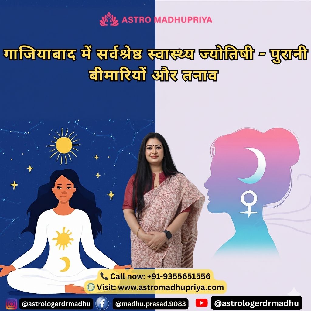एस्ट्रोमधुप्रिया की फोटो, जिसके एक तरफ ध्यान मुद्रा में बैठी महिला है और दूसरी तरफ चंद्रमा और शुक्र ग्रह के प्रतीक वाला एक महिला प्रोफाइल है। ऊपरी हिस्से में हिंदी में टेक्स्ट है: "गाजियाबाद में सर्वश्रेष्ठ स्वास्थ्य ज्योतिषी - पुरानी बीमारियों और तनाव"। नीचे संपर्क विवरण दिया गया है।