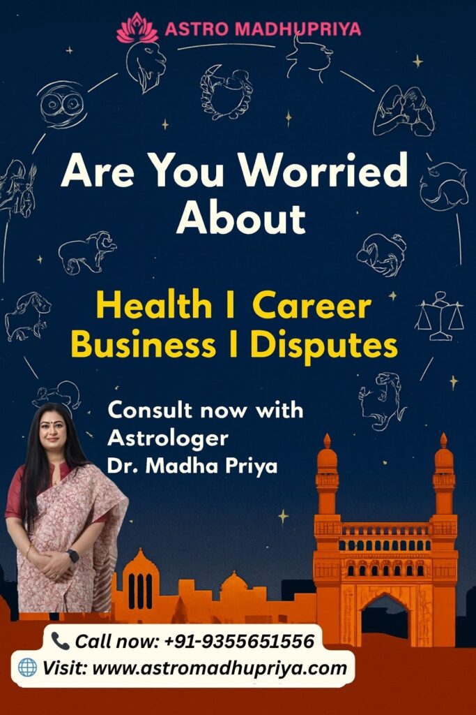 Dr. Madhu Priya against the backdrop of the Charminar. The banner asks, "Are You Worried About Health | Career | Business | Disputes," promoting her services for Accurate Vedic astrology predictions and Trusted astrology remedies for success.