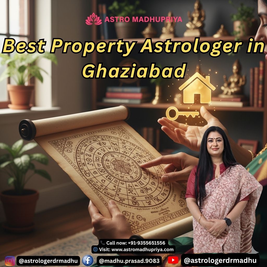 Astromadhupriya, a property astrologer, with an astrological chart, a glowing house and key icon, and text 'Best Property Astrologer in Ghaziabad
