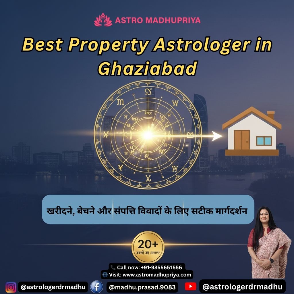 गाजियाबाद के क्षितिज (स्काईलाइन) के ऊपर एक घर की छवि, जिसे एक केंद्रीय सुनहरे ज्योतिषीय कुंडली चक्र (Horoscope Wheel) से एक तीर द्वारा मार्गदर्शन मिल रहा है। पोस्टर में "Best Property Astrologer in Ghaziabad" (गाजियाबाद में सर्वश्रेष्ठ प्रॉपर्टी ज्योतिषी) लिखा है, साथ ही एस्ट्रोमधुप्रीया का नाम और उनकी संपर्क जानकारी भी दी गई है। निचले दाएं कोने में ज्योतिषी की छोटी तस्वीर और 20+ वर्षों के अनुभव का प्रतीक है।