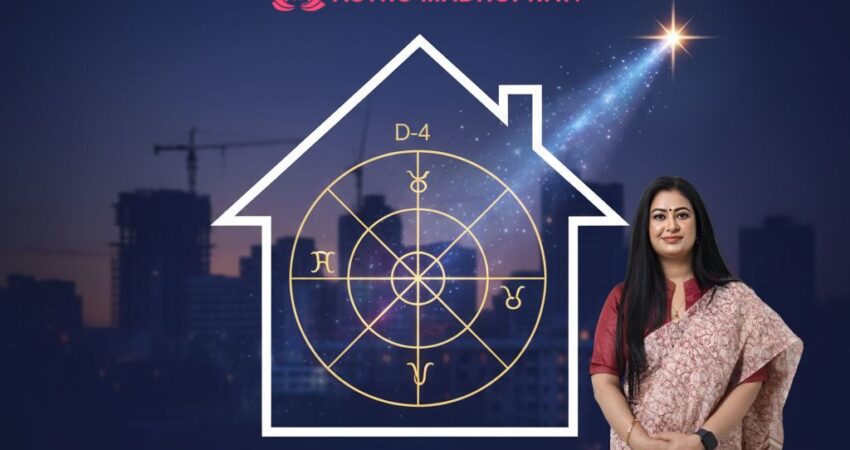 Astrologer Astromadhupriya standing in front of a house outline containing a D-4 Vedic property chart, superimposed over a Ghaziabad city skyline at night.