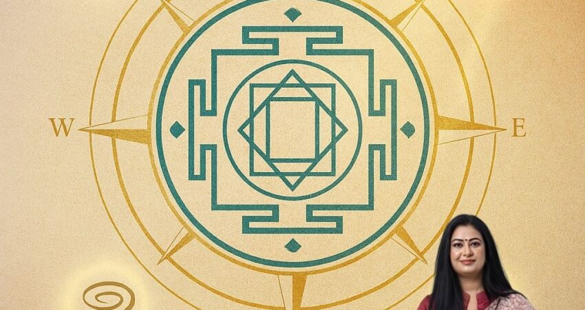 Smiling woman (Astromadhupriya) in a cream saree holding a Vastu compass over a glowing floor plan blueprint on a balcony, with a modern cityscape (Ghaziabad/Indirapuram skyline) in the background. Overlay text reads "Perfect Vastu for Perfect Homes – Indirapuram".