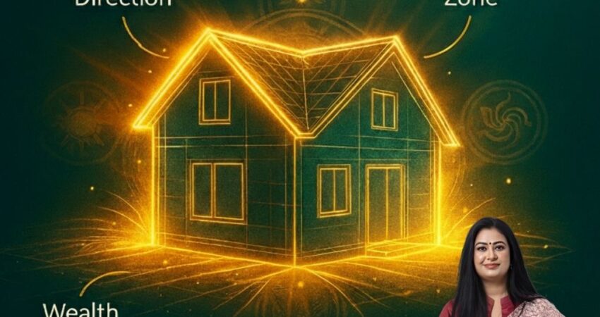 Digital graphic showing a glowing house outline overlaid with Vastu zones (Success Direction, Peace Zone, Wealth Corner) and the four elements (Earth, Water, Fire, Air). Hindi and English text reads: "राज नगर VASTU SOLUTIONS FOR EVERY HOMEOWNER. Powered by Astromadhupriya.