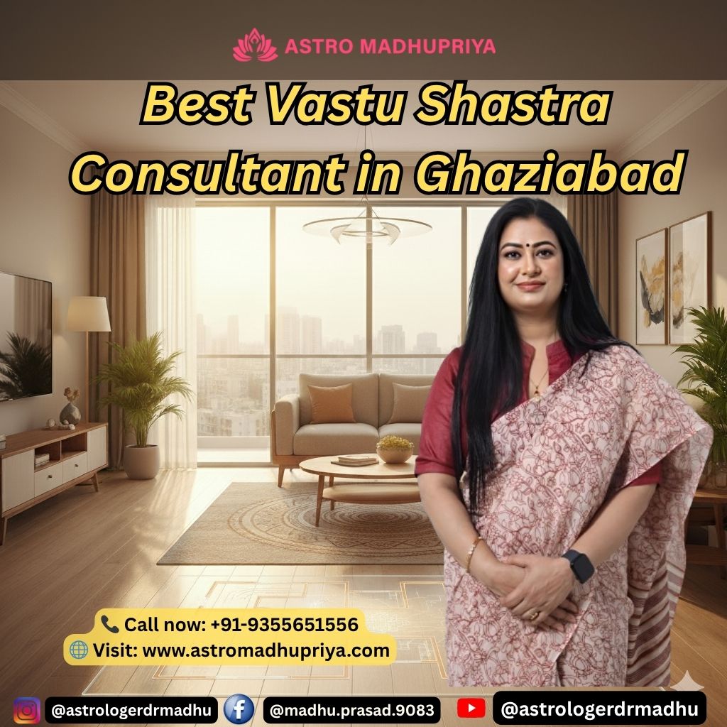 Astromadhupriya, एक प्रमुख वास्तु शास्त्र सलाहकार, एक आधुनिक, धूप वाले अपार्टमेंट के लिविंग रूम में खड़ी हैं, जिसके पीछे एक शहर का नज़ारा है। इमेज पर टेक्स्ट है: "गाज़ियाबाद में सर्वश्रेष्ठ वास्तु शास्त्र सलाहकार" (Best Vastu Shastra Consultant in Ghaziabad)। संपर्क विवरण जैसे फ़ोन नंबर और वेबसाइट भी मौजूद हैं। कीवर्ड शामिल: *गाज़ियाबाद वास्तु सलाहकार, सर्वश्रेष्ठ वास्तु शास्त्र विशेषज्ञ, Astromadhupriya, आवासीय वास्तु, आधुनिक अपार्टमेंट वास्तु।