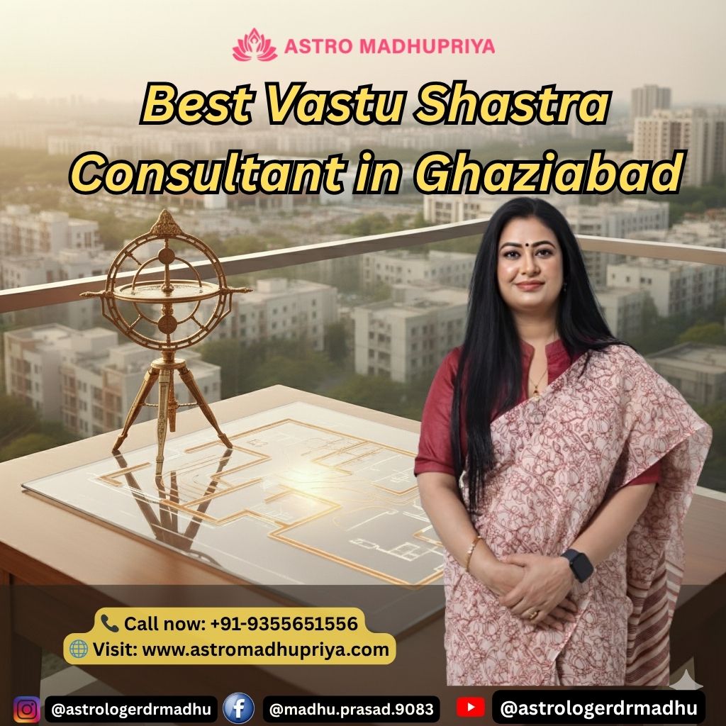 Astromadhupriya, a Vastu Shastra Consultant, stands on a sunny high-rise balcony overlooking the Ghaziabad skyline. She is next to a table displaying a glowing floor plan and a golden Vastu compass/globe. Overlay text states: "Best Vastu Shastra Consultant in Ghaziabad". Contact information for phone, website, and social media is visible below. Keywords included: Best Vastu Shastra Consultant in Ghaziabad, Astromadhupriya, Residential Vastu, Modern Apartment Vastu.