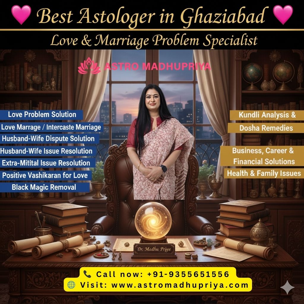 Best Astrologer in Ghaziabad, Astro Madhupriya, specializing in Love and Marriage Problem Solutions, shown sitting at a desk with a glowing crystal ball, flanked by lists of services including Kundli Analysis, Vashikaran for Love, and Black Magic Removal.