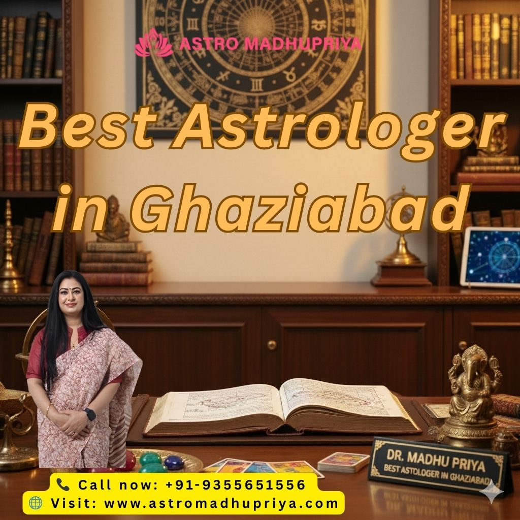 Astrologer Dr. Madhu Priya standing in a professional office setting, with a large horoscope chart on the wall and an open sacred book on the desk.