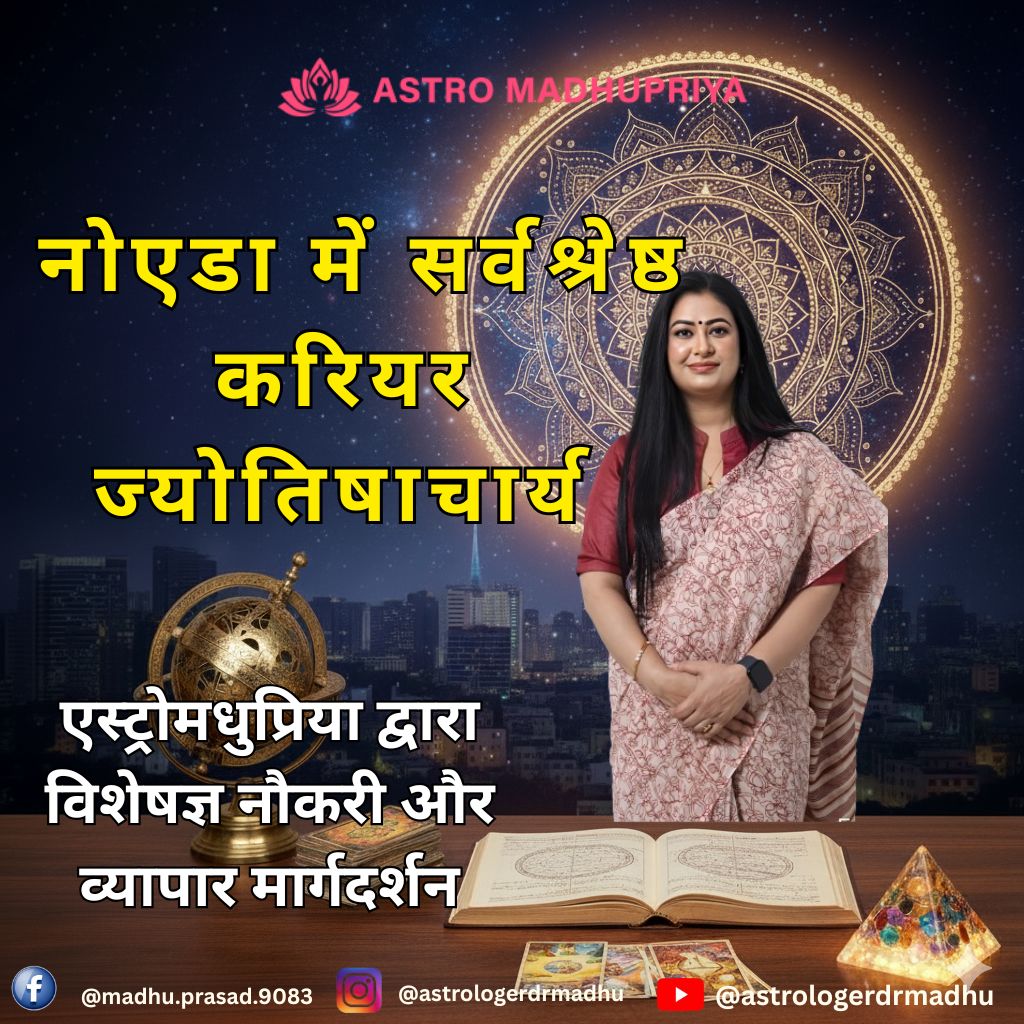 एस्ट्रोमधुप्रिया, नोएडा की सर्वश्रेष्ठ करियर ज्योतिषाचार्य, विशेषज्ञ नौकरी और व्यापार मार्गदर्शन प्रदान कर रही हैं। यह छवि वैदिक ज्योतिष, कुंडली विश्लेषण और करियर समाधानों को दर्शाती है, जो नोएडा में करियर मार्गदर्शन और व्यापार ज्योतिष की तलाश कर रहे लोगों के लिए उपयुक्त है।
नोएडा में सर्वश्रेष्ठ करियर ज्योतिषाचार्य, एस्ट्रोमधुप्रिया, नौकरी मार्गदर्शन, व्यापार मार्गदर्शन, वैदिक ज्योतिष, कुंडली विश्लेषण, करियर समाधान, करियर ज्योतिष