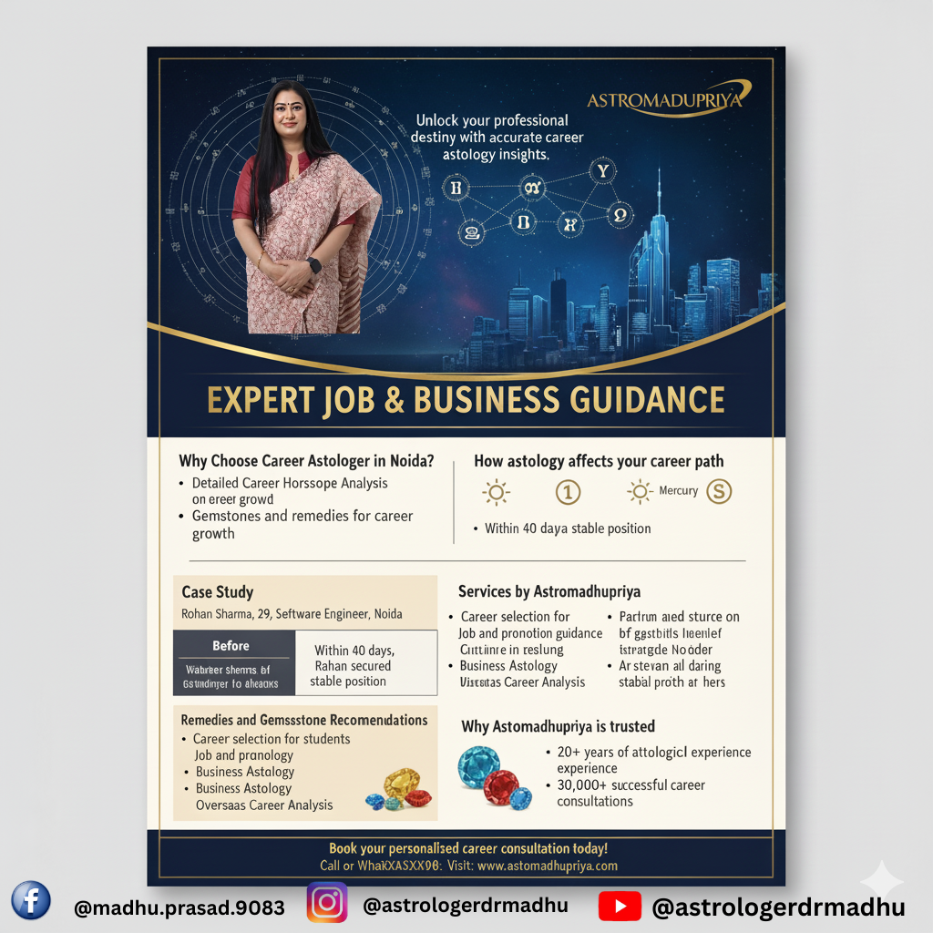 Best Career Astrologer in Noida, Astromadhupriya, offers expert job and business guidance with career astrology insights.
"Best Career Astrologer in Noida," "Astromadhupriya," "job and business guidance," and "career astrology," which are all highly relevant to your services. It delivers the necessary information without being overly long, making it effective for both screen readers and search engine crawlers.