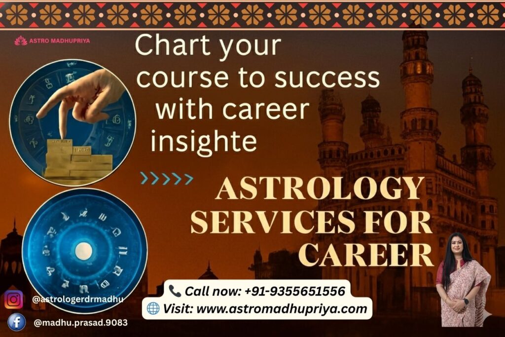 "Astrology Services for Career" featuring Astrologer Dr. Madhu Priya and the Charminar. The image highlights how she helps clients Chart your course to success with Vedic astrology for career guidance.