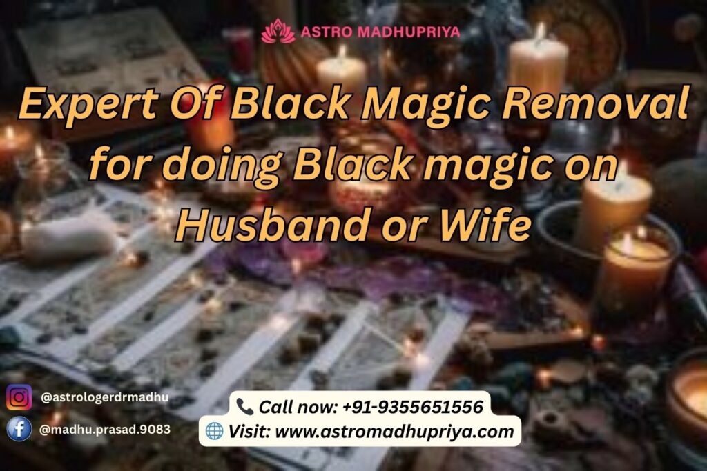 Astro Madhupriya offers Black Magic Removal for spouses, featuring lit candles and ritualistic items for relationship protection.