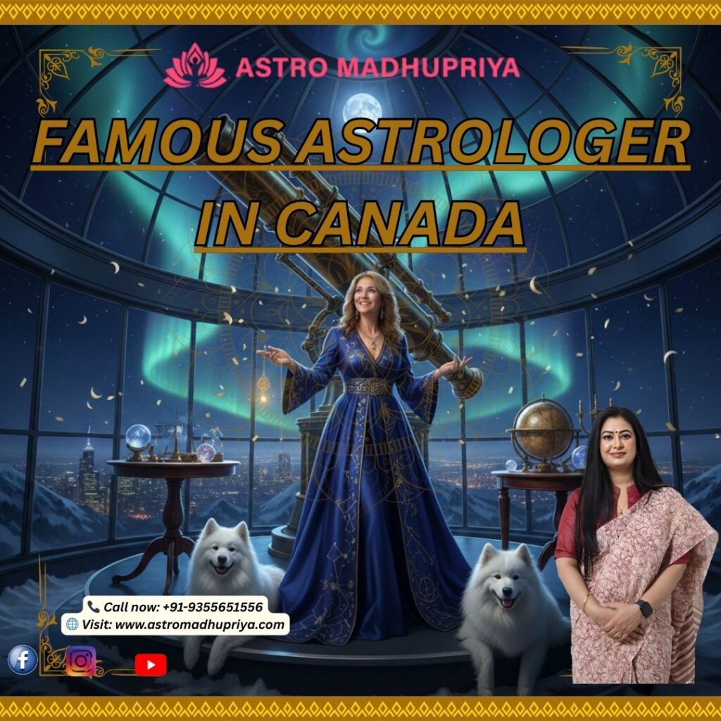 Dr. Madhu Priya, Famous Astrologer in Canada, positioned next to a mystical scene with a woman, two white Samoyed dogs, a telescope, and the Northern Lights (Aurora Borealis) visible over a Canadian city skyline.