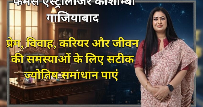 ब्लैक बैकग्राउंड पर हिंदी में लिखा है "फेमस एस्ट्रोलॉजर कौशाम्बी गाजियाबाद - प्रेम, विवाह, करियर और जीवन की समस्याओं के लिए सटीक ज्योतिष समाधान"।