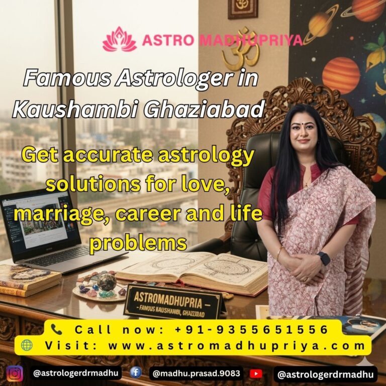 Famous Astrologer Astromadhupriya in Kaushambi Ghaziabad sitting at her office desk with a traditional horoscope book, offering accurate love, marriage, and career solutions.