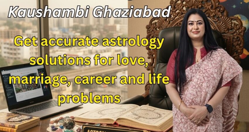 Famous Astrologer Astromadhupriya in Kaushambi Ghaziabad sitting at her office desk with a traditional horoscope book, offering accurate love, marriage, and career solutions.