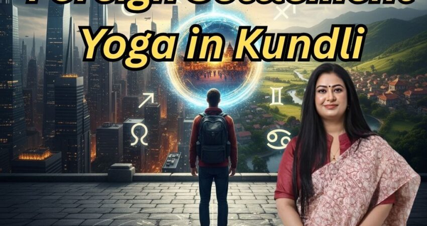 "Astro Madhupriya" featuring a woman in a traditional Indian saree on the right, smiling at the viewer. The background depicts a fantasy scene with a person looking towards a glowing portal showing a foreign city, flanked by a modern city skyline on the left and a green landscape on the right. Astrological symbols float around the central portal. Yellow text overlays read "Foreign Settlement Yoga in Kundli" and contact information for "Astro Madhupriya" including a phone number, website, and social media handles.