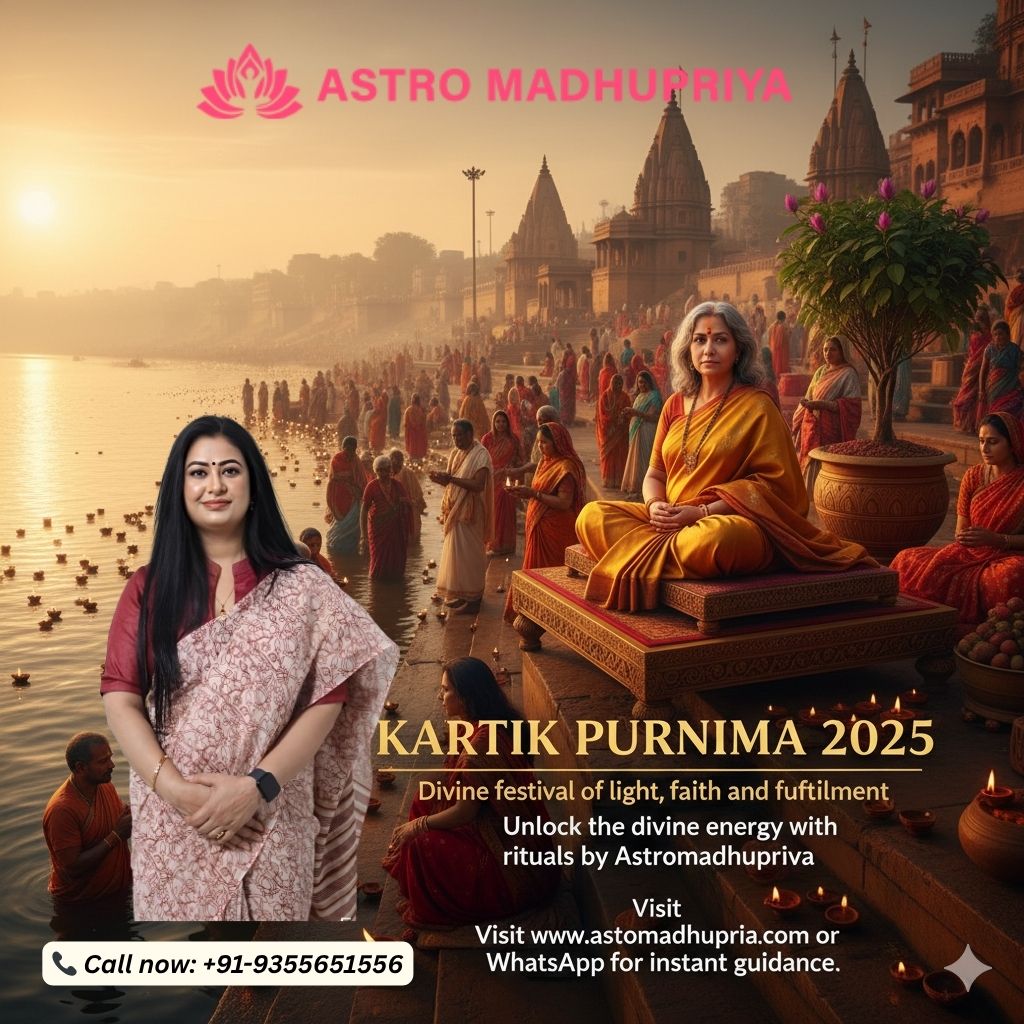 Kartik Purnima 2025. The background depicts a serene riverbank at sunrise or sunset, with numerous devotees performing rituals and offering diyas (lamps) to the water, reflecting the warm glow of the sun. Traditional Indian temples rise majestically in the distance, adding to the sacred atmosphere.
In the mid-ground, a woman with gray hair, dressed in a golden saree, sits gracefully on an elevated platform, embodying a deity or a revered figure. Her posture exudes tranquility and wisdom, surrounded by offerings in traditional earthen pots.
In the foreground on the left, a modern woman in a printed saree smiles warmly at the viewer, representing the face of "ASTRO MADHUPRIYA." The branding "ASTRO MADHUPRIYA" is prominently displayed at the top.
The image includes textual overlays promoting "KARTIK PURNIMA 2025" as a "Divine festival of light, faith and fulfillment." It encourages viewers to "Unlock the divine energy with rituals by Astromadhupriya" and invites them to "Visit www.astromadhupriya.com or WhatsApp for instant guidance." Contact information "Call now: +91-9355651556" is also visible. The overall composition blends traditional spirituality with modern accessibility, offering guidance for the auspicious occasion.