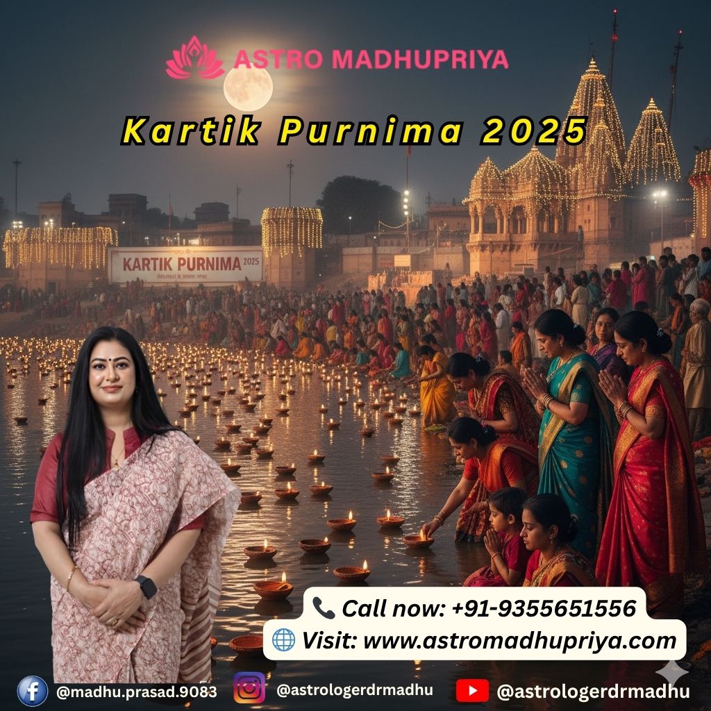 ASTRO MADHUPRIYA celebrating Kartik Purnima 2025. The image features a large, glowing golden circle with the text "KARTIK PURNIMA 2025" in bold dark red letters. A smiling woman in a printed saree, representing the astrologer, is positioned on the left. A symbolic oil lamp (diya) is on the right. Contact details are included at the bottom: Call +91-9355651556 and Visit www.astromadhupriya.com.