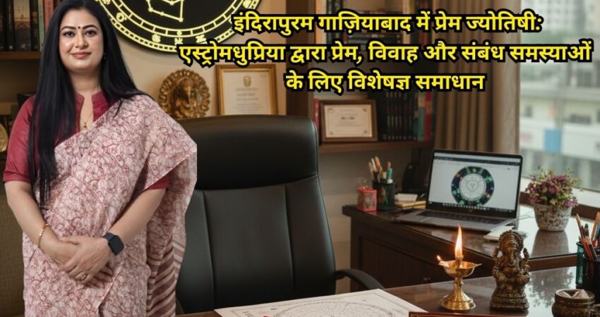 Astromadhupriya, a Love Astrologer in Indirapuram Ghaziabad, sitting at her office desk with an astrological chart, Ganesh idol, tarot cards, and a celestial wall clock, providing expert solutions for love and marriage problems.