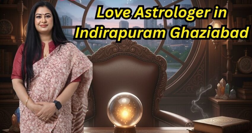 A woman in a sari stands in an astrologer's office with a crystal ball and a sign that says "Love Astrologer - Indirapuram, Ghaziabad." Contact details for Astro Madhupriya are at the bottom.