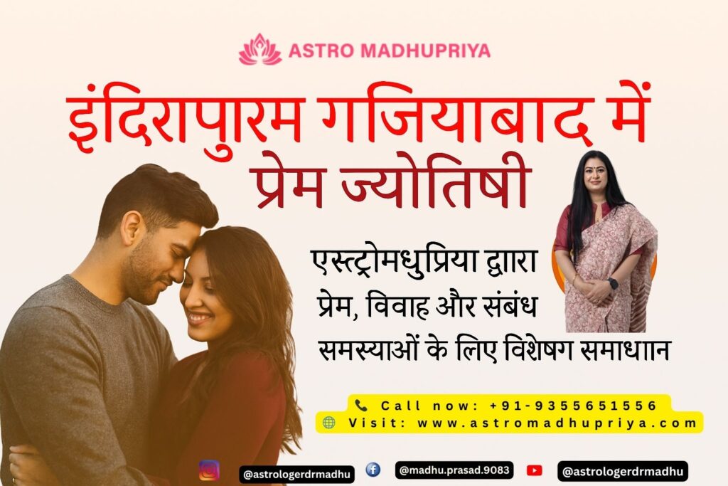 Astromadhupriya, a Love Astrologer in Indirapuram Ghaziabad, standing in her professional office with an illuminated astrological chart and a desk set up for horoscope analysis, promoting expert solutions for love and marriage issues.