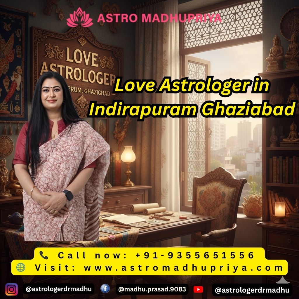 A female love astrologer, Astro Madhupriya, stands in her office in Indirapuram, Ghaziabad, featuring a crystal ball and contact details.