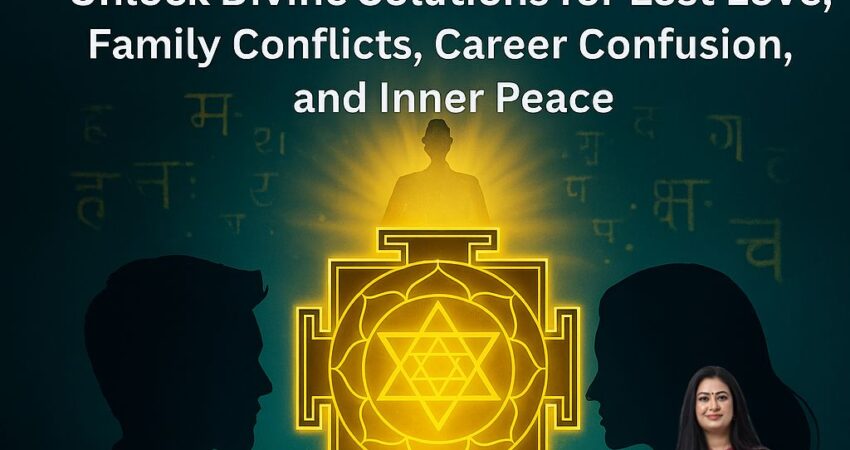 वशीकरण ज्योतिषी एस्ट्रो मधुप्रिया की प्रचार छवि जिसमें एक चमकता हुआ यंत्र केंद्र में है, उसके सामने पुरुष और महिला के सिल्हूट ऊर्जा पुल से जुड़े हैं। नीचे एक दीपक, पुष्प और यंत्र वाली पवित्र थाली है। पृष्ठभूमि में ध्यान मुद्रा और दिव्य प्रकाश है। छवि में 'Lost Love', 'Career', और आध्यात्मिक समाधान जैसे शब्द शामिल हैं। कीवर्ड: वशीकरण विशेषज्ञ नोएडा, प्रेम ज्योतिष, करियर समाधान, एस्ट्रो मधुप्रिया।"