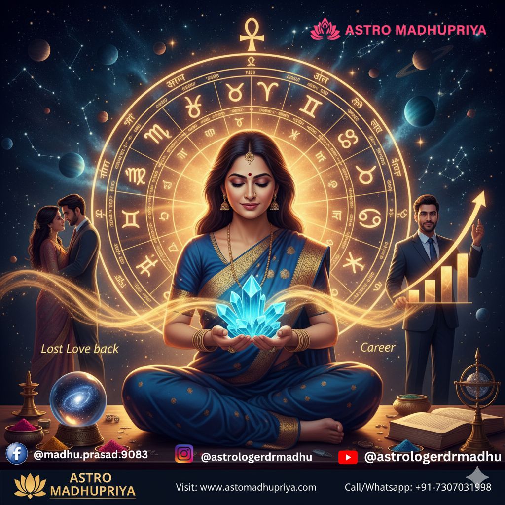 "एस्ट्रो मधुप्रिया द्वारा प्रस्तुत एक ज्योतिषीय प्रचार छवि जिसमें एक महिला ध्यान मुद्रा में नीले क्रिस्टल के साथ दिखाई गई है। पीछे राशि चक्र और ज्योतिषीय प्रतीक हैं। बाईं ओर 'खोया प्यार वापस' के संदेश के साथ एक जोड़ा, और दाईं ओर करियर ग्राफ की ओर इशारा करता हुआ व्यक्ति है। पृष्ठभूमि में ब्रह्मांडीय ऊर्जा और मंत्रों की चमक है। वशीकरण विशेषज्ञ, प्रेम ज्योतिष, करियर समाधान और आध्यात्मिक मार्गदर्शन जैसे कीवर्ड इस छवि को दर्शाते हैं।