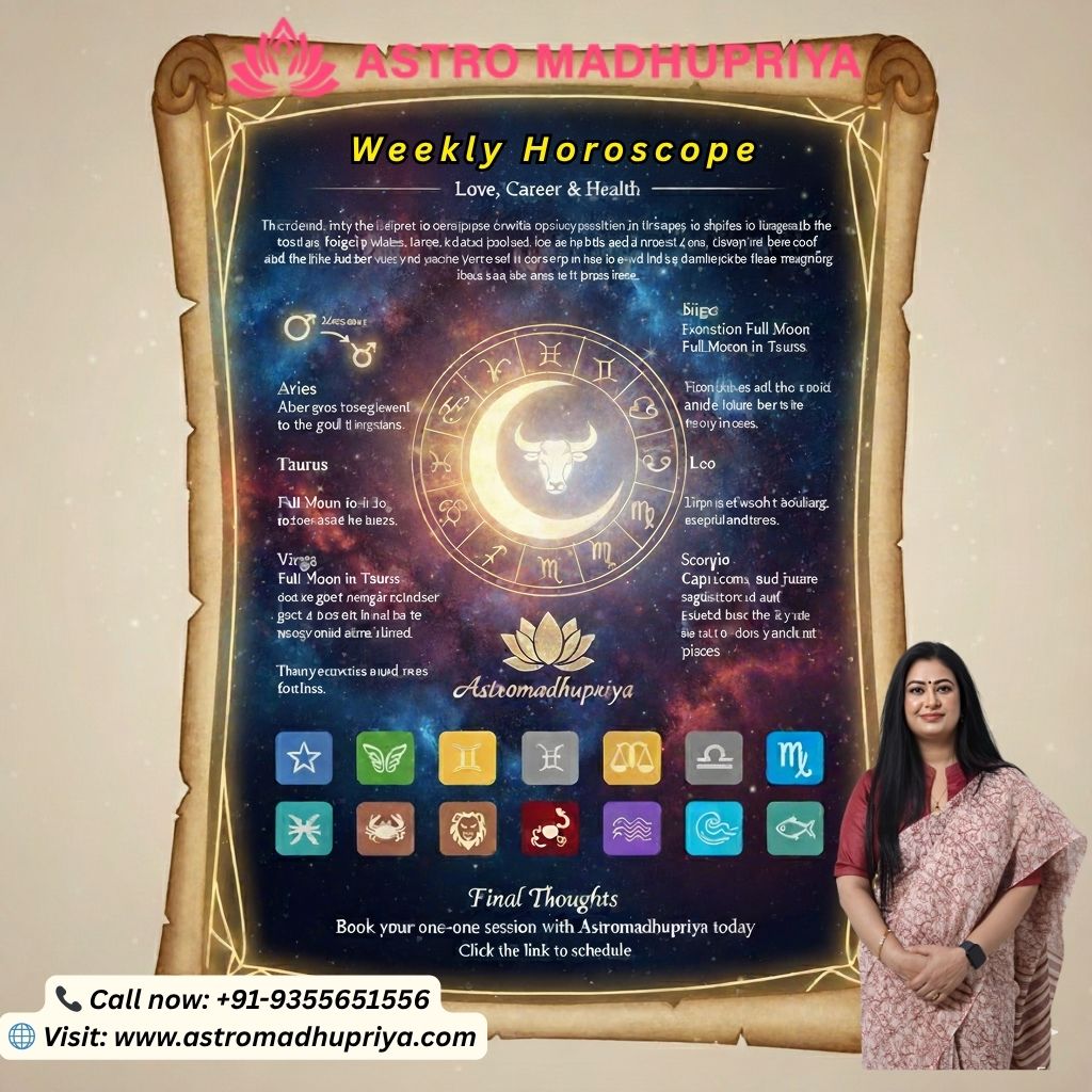 Astro Madhupriya's Weekly Horoscope" for the period of November 3-9, 2025. The design is dominated by a majestic golden scroll on a dark, cosmic, starry background. The center features a detailed astrological wheel with a prominent crescent moon and the Taurus sign, symbolizing the week's key transit. The accompanying text highlights that the week will involve "change, movement and reflection" due to the Full Moon in Taurus and the movement of Mars and Venus. Astrologer Madhupriya is prominently featured on the right. Key information is easily accessible at the bottom, including the call to action, "Book your one-on-one session," the phone number +91-9355651556, and the website www.astromadhupriya.com. Social media handles are also provided.