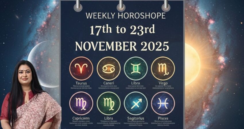 Astrologer Madhupriya promoting weekly horoscope predictions for November 17th to 23rd, 2025, with contact details.