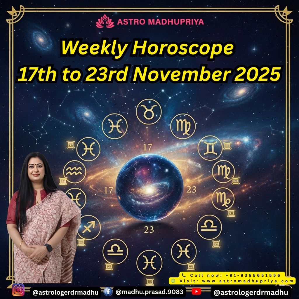 Weekly Horoscope 17th to 23rd November 2025 by Astromadhupriya, featuring zodiac signs and a cosmic background.