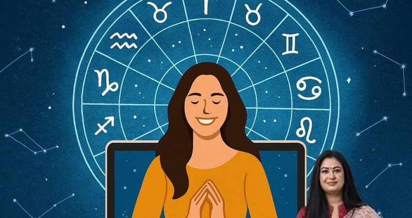 Astro Madhupriya’s worldwide online astrology consultation featuring a celestial zodiac wheel, a meditating woman illustration, and a photo of Astro Madhupriya in traditional attire.