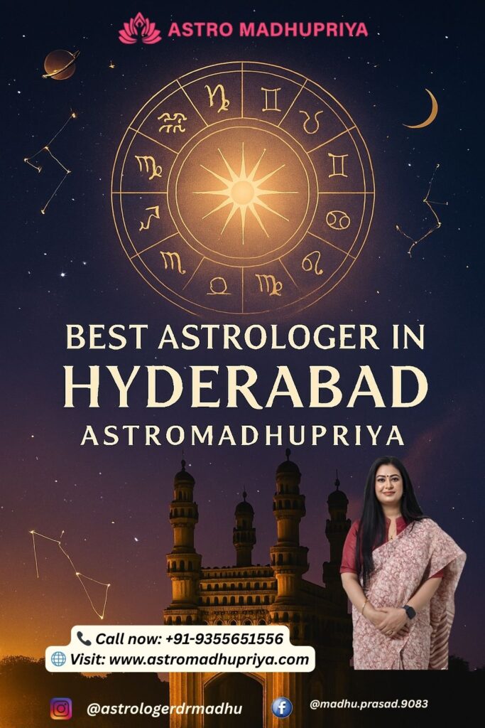Astro Madhupriya with Charminar and zodiac wheel in background, promoting astrology services in Hyderabad.