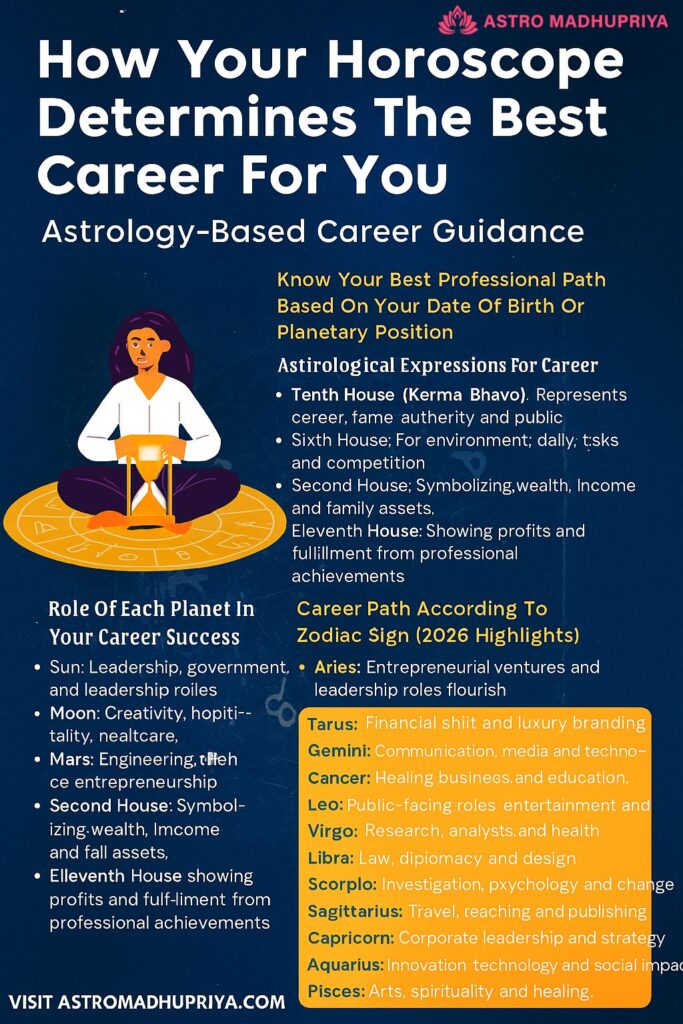 How Your Horoscope Determines The Best Career For You' by AstroMadhupriya, showcasing astrology-based career guidance. Includes planetary roles, astrological houses, and zodiac sign predictions for career success in 2026. Highlights career astrology, Vedic astrology, birth chart analysis, and Horoscope 2026 keywords like 'career planets', 'Mercury in 10th house', 'Rahu career change', and 'best astrologer in Noida'. Designed with deep blue and orange tones, featuring zodiac symbols and a woman meditating on an astrology chart."