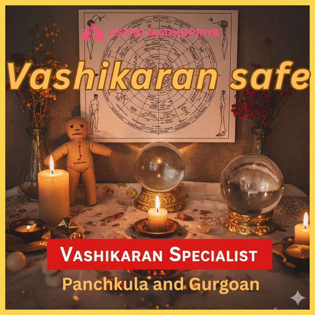 Altar setup with candles, crystal balls, Gurugram vashikaran expert Lady vashikaran specialist in Gurugram Genuine vashikaran services in Gurgaon Online vashikaran specialist Gurugram Positive vashikaran in Gurugram Astrology consultation in Gurugram Kundli-based vashikaran solutions Love spell specialist in Gurugram Relationship problem solution in Gurgaon Extra marital affair solution in Gurugram,a rag doll, and an astrological chart, promoting a Vashikaran Specialist in Panchkula and Gurgaon.