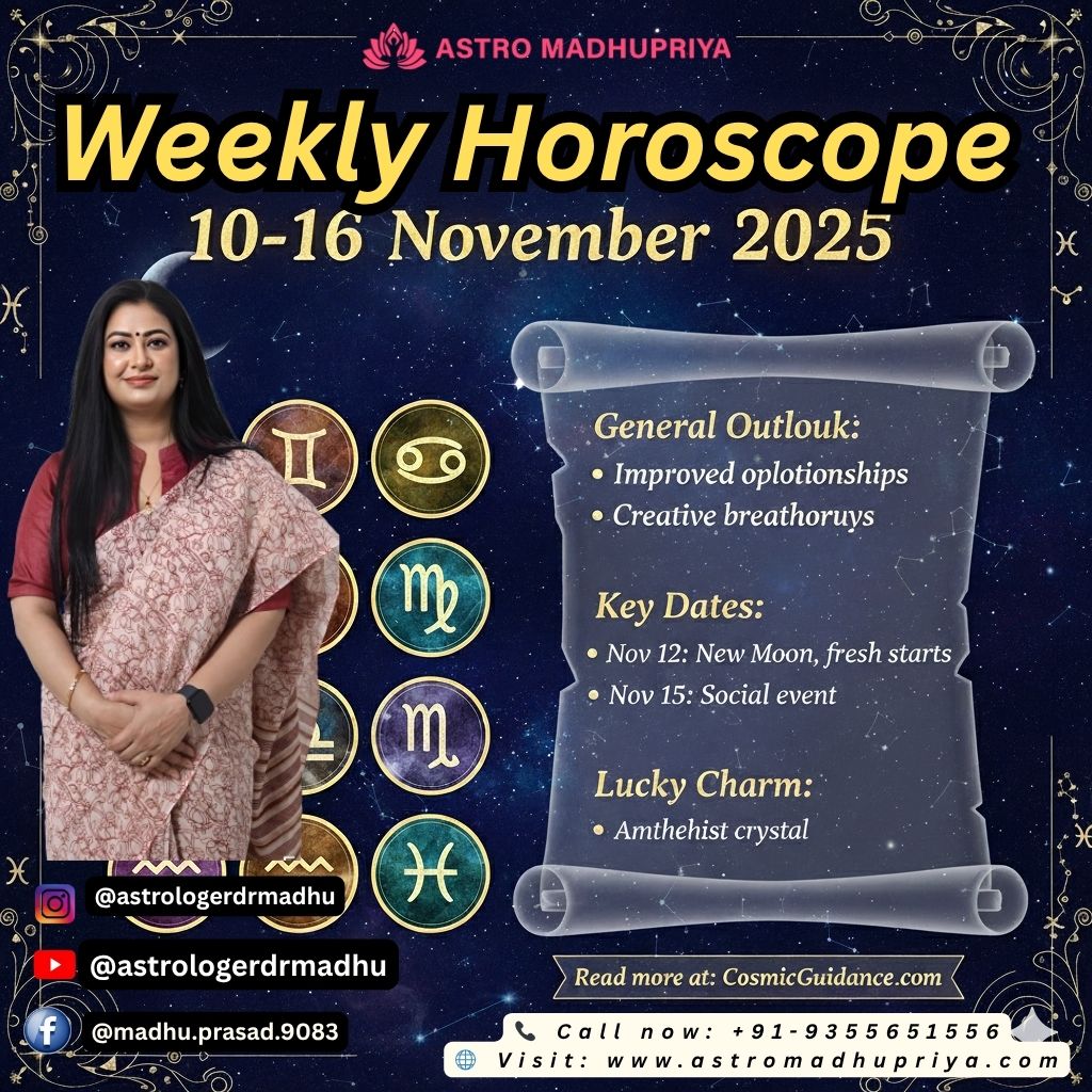 Astro Madhupriya Weekly Horoscope poster for 10-16 November 2025. The central design element is a large, detailed zodiac wheel with symbols for all twelve signs, set against a dark purple, star-filled background. The image features a prominent photo of Dr. Madhuprasad. Keywords: Astrology, Zodiac Symbols, Weekly Forecast, November 2025.